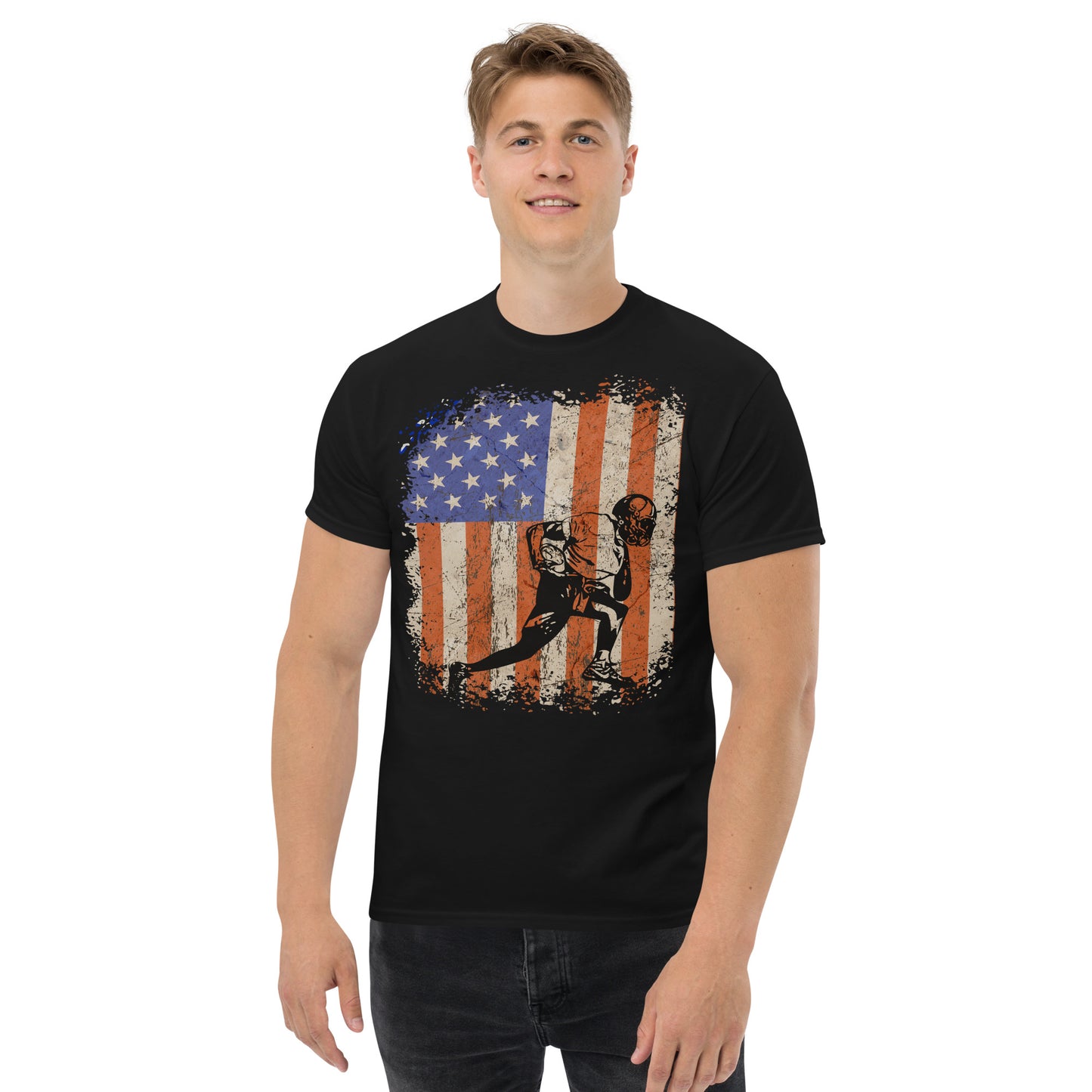 Camiseta rústica para hombre con bandera americana de fútbol