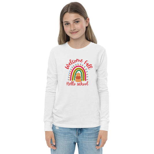 Welcome Fall, Hello School (pumpkin) - Youth Long Sleeve Tee