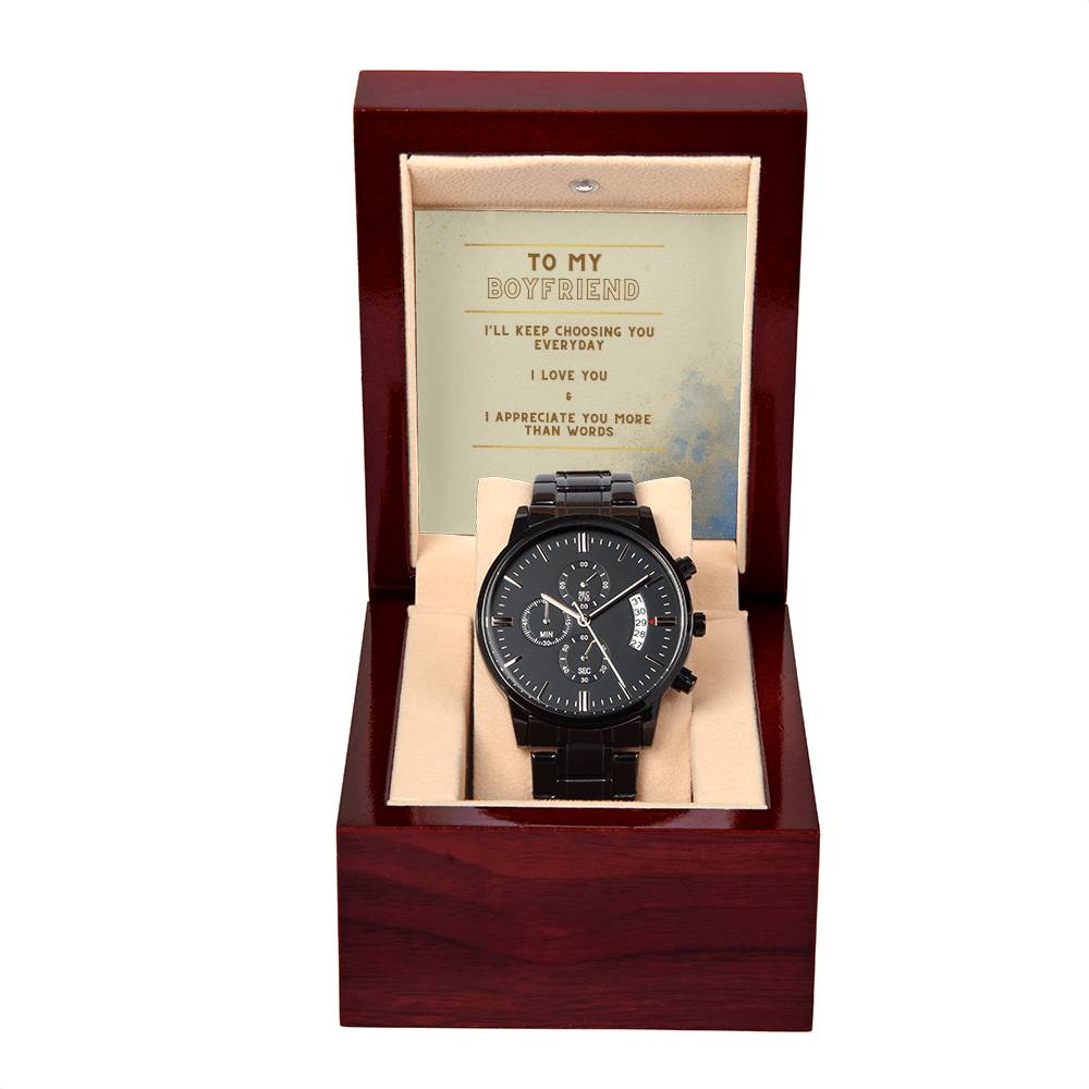 Black Chronograph Watch with Boyfriend message box