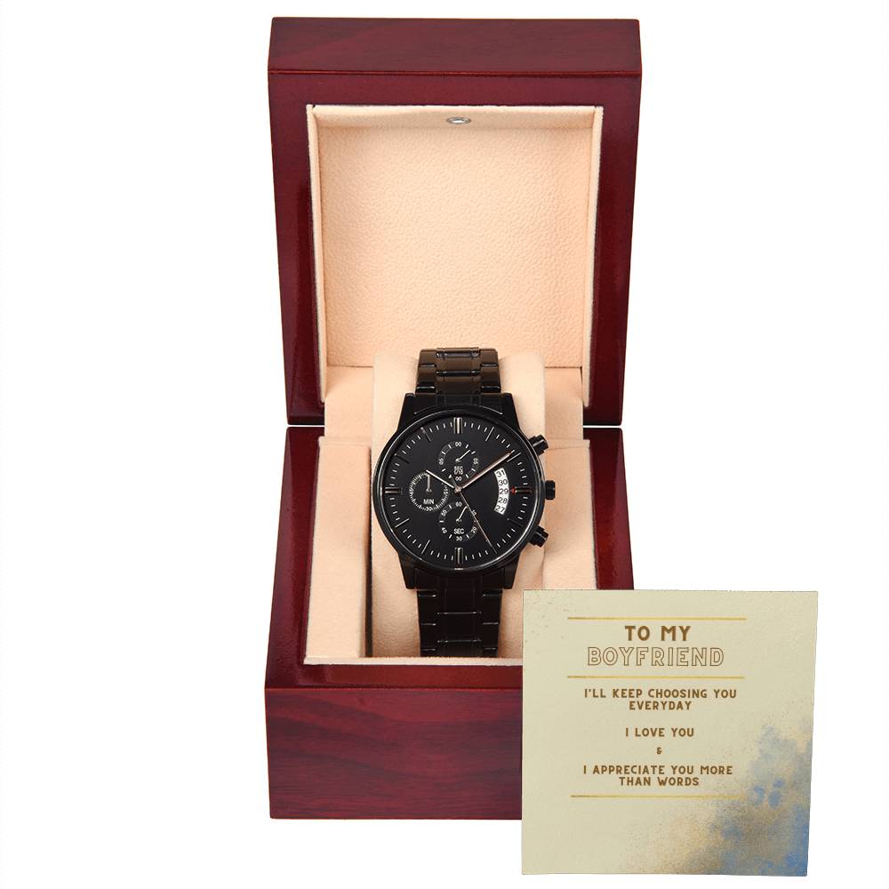 Black Chronograph Watch with Boyfriend message box