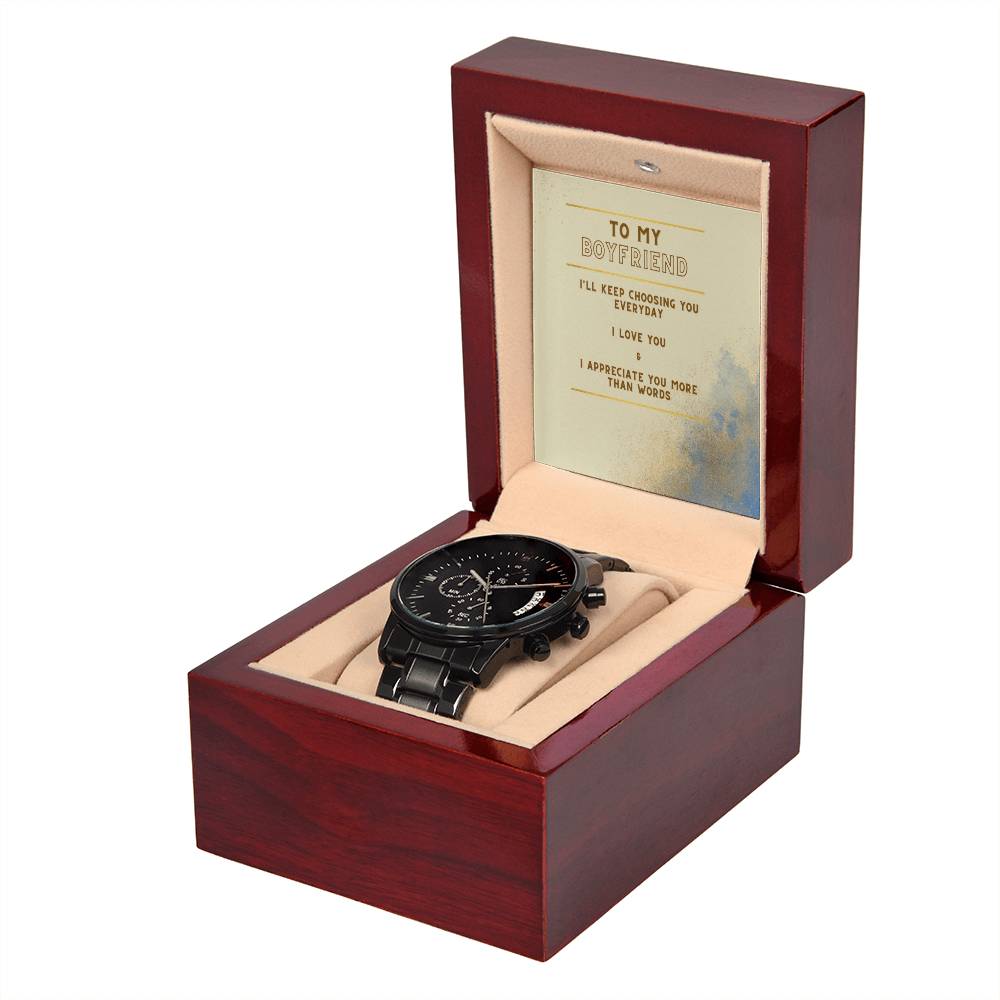 Black Chronograph Watch with Boyfriend message box