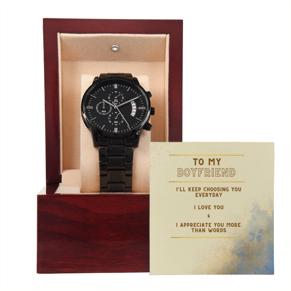 Black Chronograph Watch with Boyfriend message box