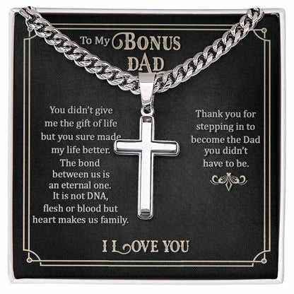 Cross Necklace with Cuban Chain  - To My Bonus Dad message box.